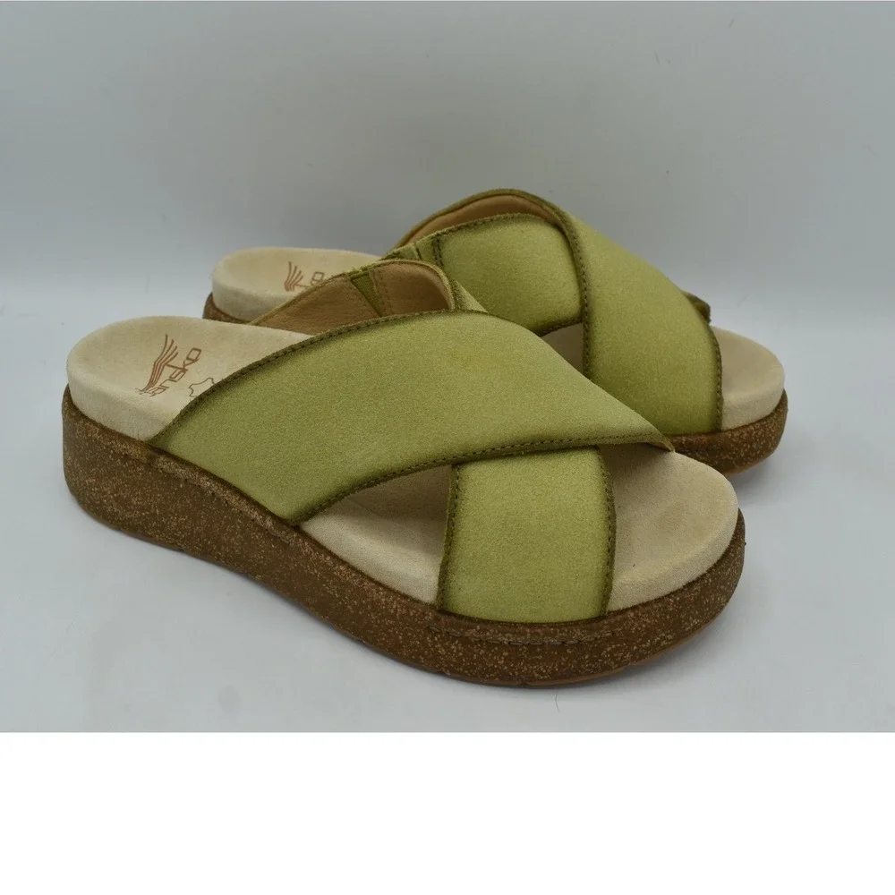 Dansko EU 41 Bridget Burnished Suede Lime Chunky Slides Sandals Shoes Coquette
